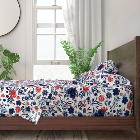 Swedish Folk Art Floral Flowers Blue 100 Cotton Sateen Sheet Set By Roostery