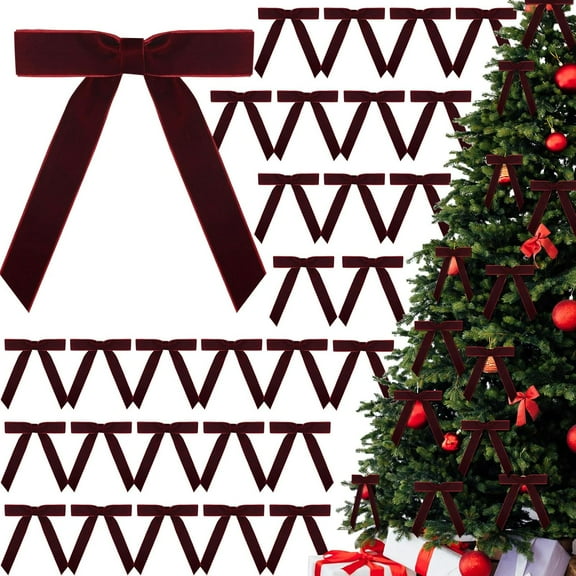 30 Pcs Christmas Velvet Wreath Bow, 5 x 7 Inch Vintage Velvet Ribbon Bows Rustic Crafts Gift Bows for Indoor Outdoor Wreaths Garland Holiday Xmas Tree Wrapping Crafts (Burgundy Red