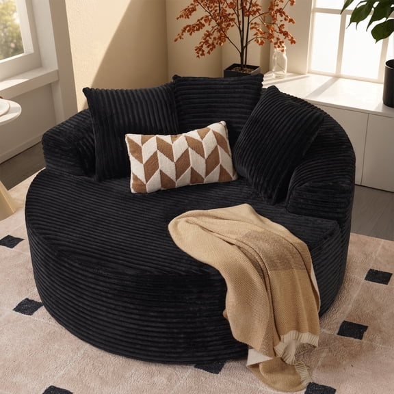 XIZZI 58.26" Round Chaise Lounge Chair, Oversized Upholstered Sleeper Sofa Bed with Plush Corduroy, Sturdy Sprung Support,Cloud Couch for Living Room Bedroom, Gray