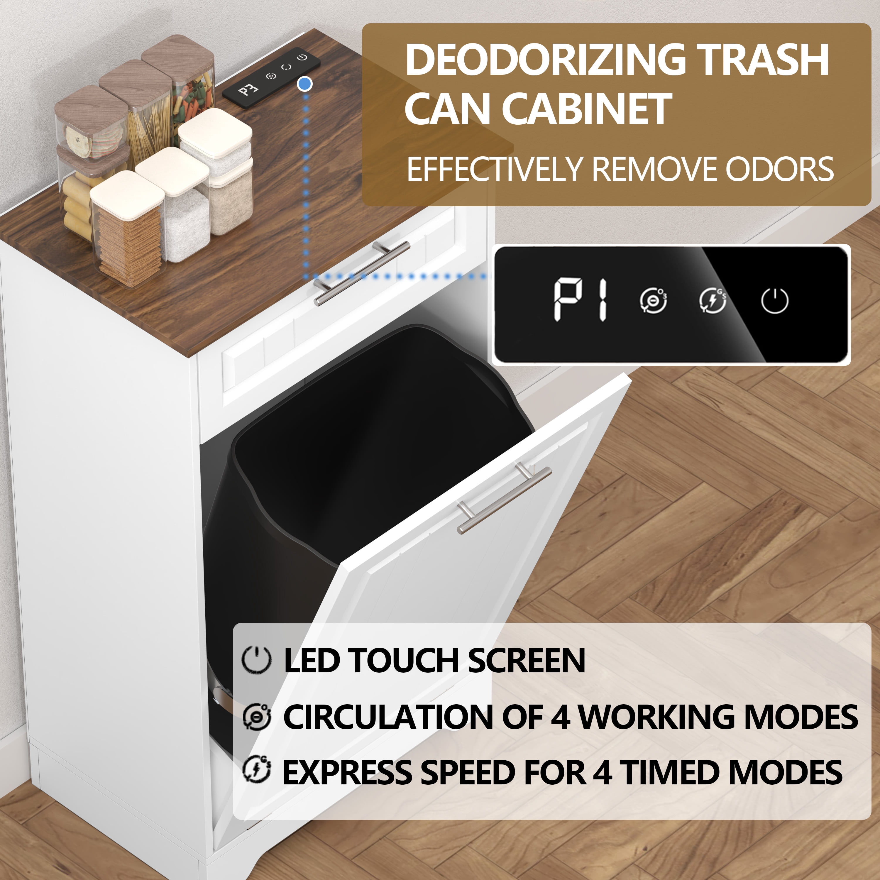 Single 10 Gallon Tilt Out Trash Can Cabinet with Deodorizing Function, Wooden Hidden Garbage Can Holder with Storage Drawers for Kitchen and Dining Room, Laundry Hamper Cabinet for Bathroom, White