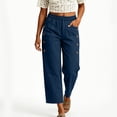 thumbnail image 2 of Women's Straight Leg Capri Pants Elastic Waist Cotton Blend Lounge Navy Loose Fit Cropped Pants with Pockets Size M, 2 of 6