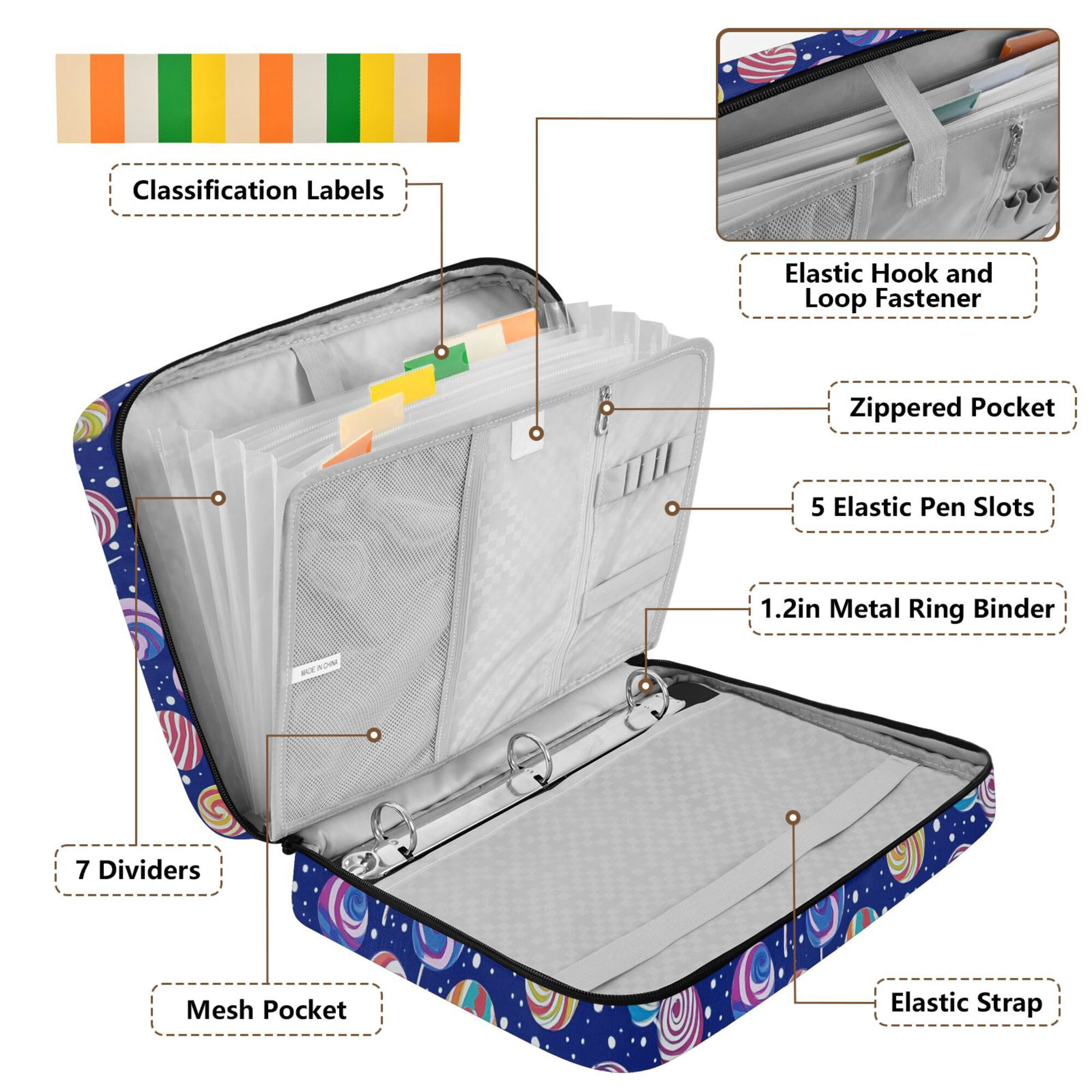 FORMRS Accordion File Folder A4 Size 7-Pocket Expanding Document Organizer Bag with 3 Ring Binder, Blue Colorful Candies
