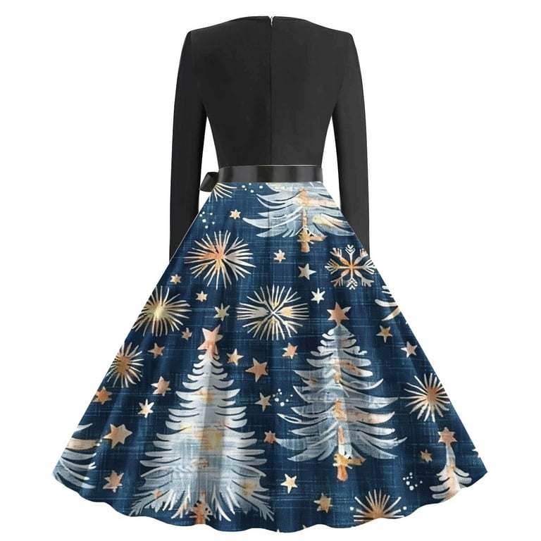 WXLWZYWL Formal Dresses for Women 2024 Christmas The Santa Claus Print  Flare Dress Long Sleeve Hollow Party Tea Dresses - Walmart.com