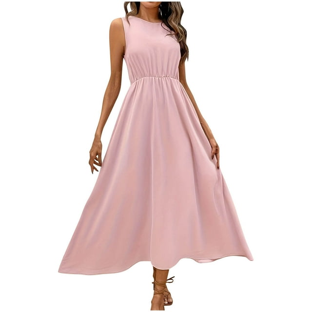 Birdeem Robes pour Femmes Mode pour Femmes Confort Couleur Unie Plissée Sans Manches Robe à Col Rond