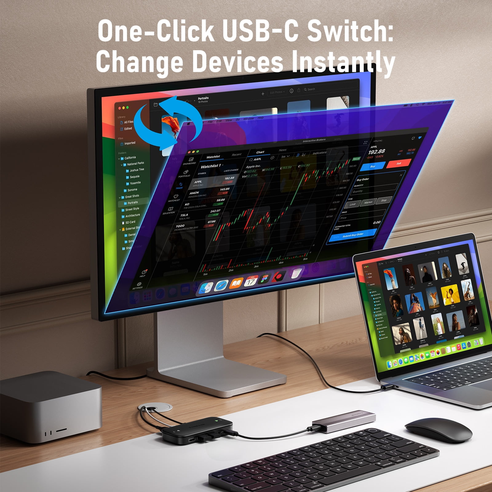 Lemorele USB-C KVM Switch , 4K@H60z Dual-Device Switching , 100W PD Fast Charge , Plug and Play