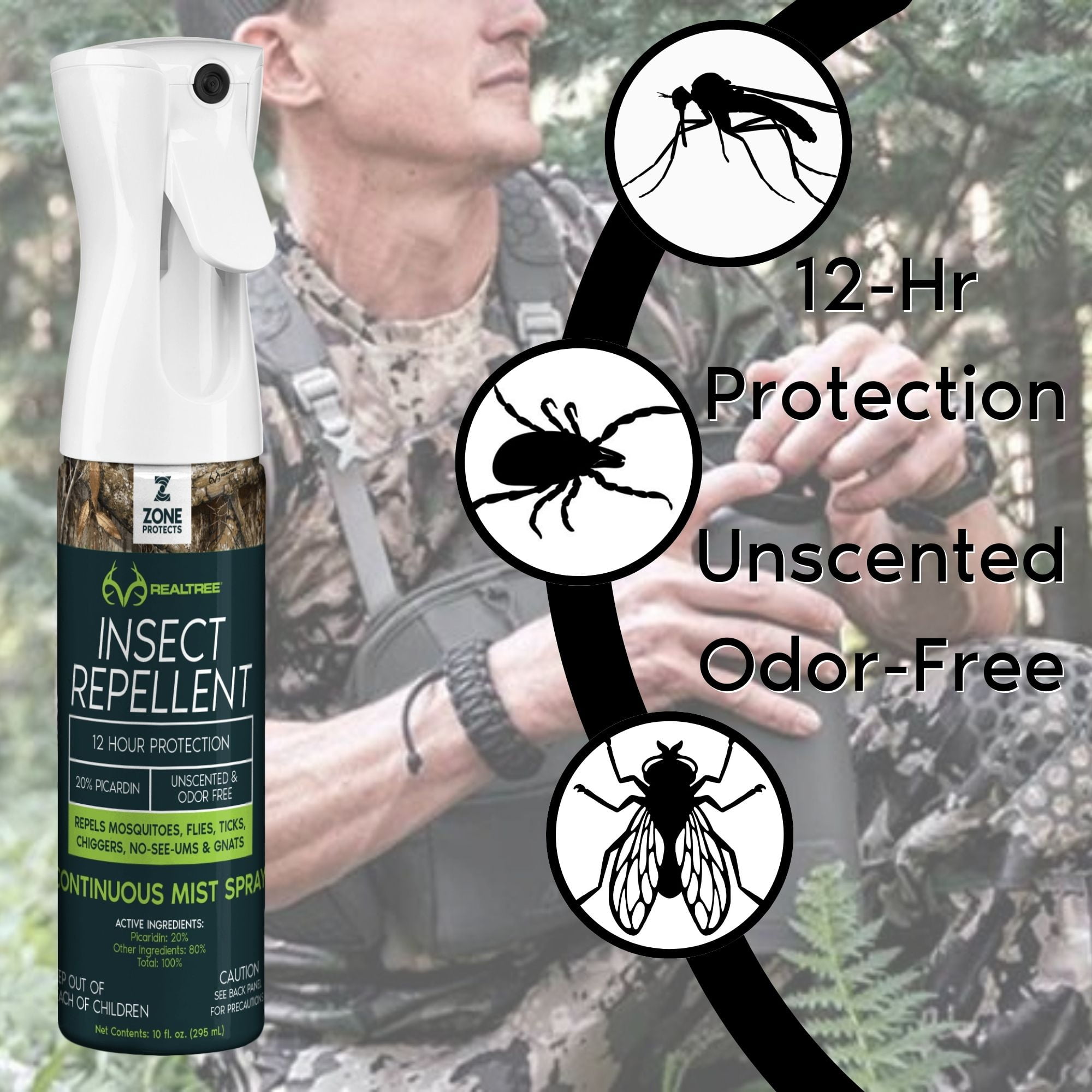 Zone Realtree Buckmaster Bundle; Picaridin Insect Repellent, Peak Doe Estrus, Scrape Enhancer and Vanillin Cover Scent; Protection & Deer Attractants