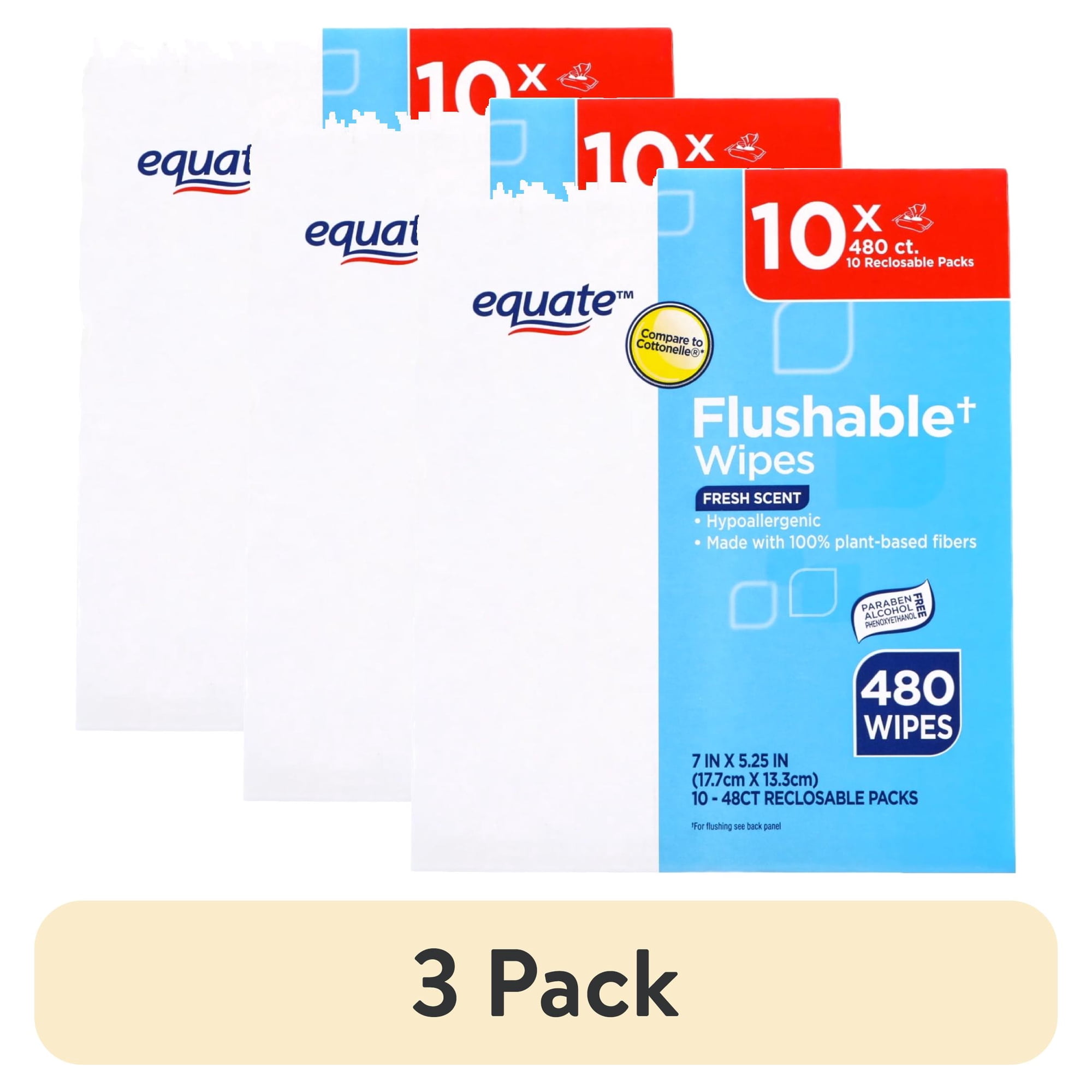 (3 pack) Equate Flushable Wet Wipes, Fresh Scent, 10 Pack, 480 Wipes Total