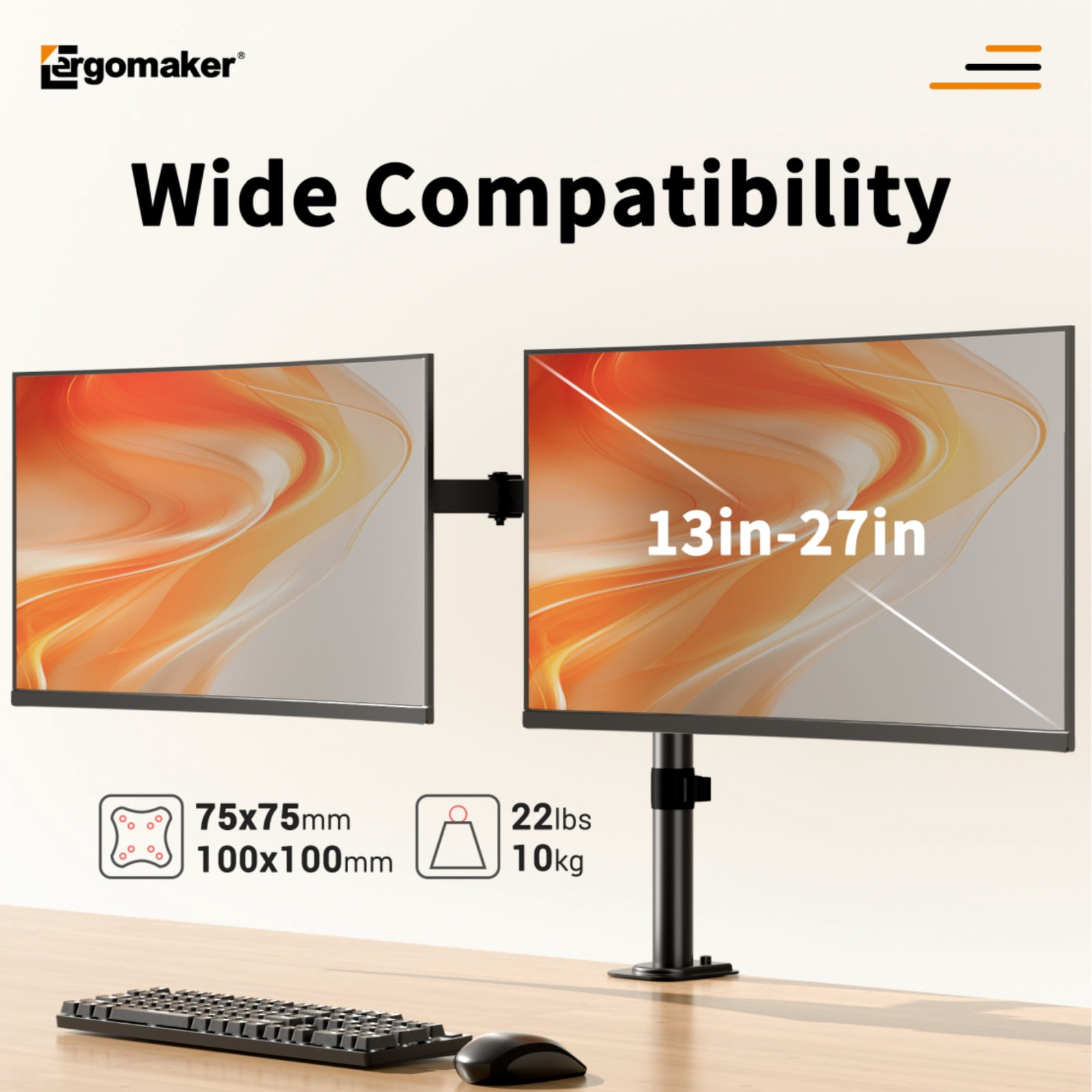 Ergomaker Dual Monitor Desk Mount for 13-27 " Screens Black Adjustable Height Monitor Arm