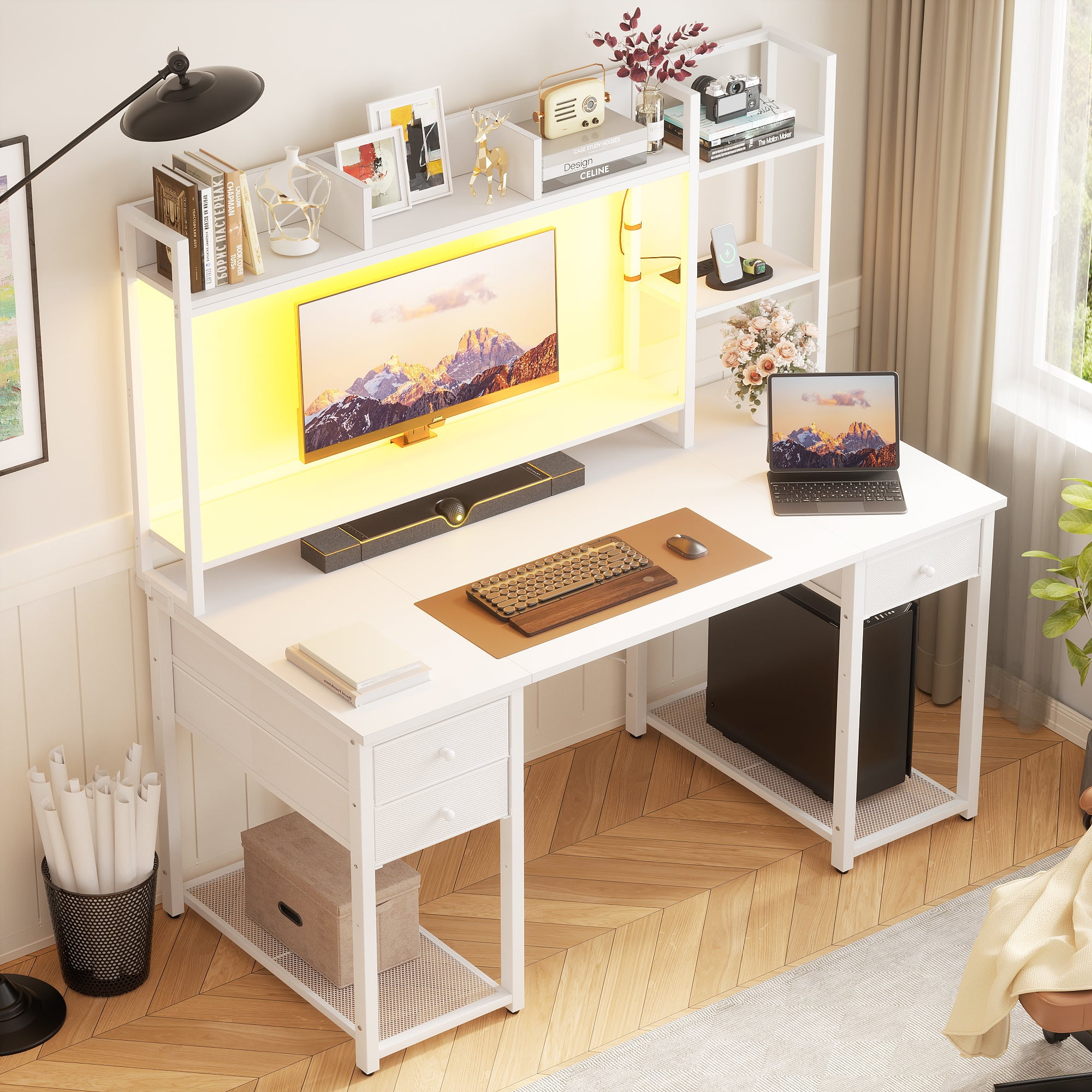 iSunirm Desk with LED Light and Power Outlet, 47.2'' Gaming Desk with Hutch, Reversible Computer Desk with Drawers, and Storage Bookshelf, Large Workstation Desk, for Home & Office, White