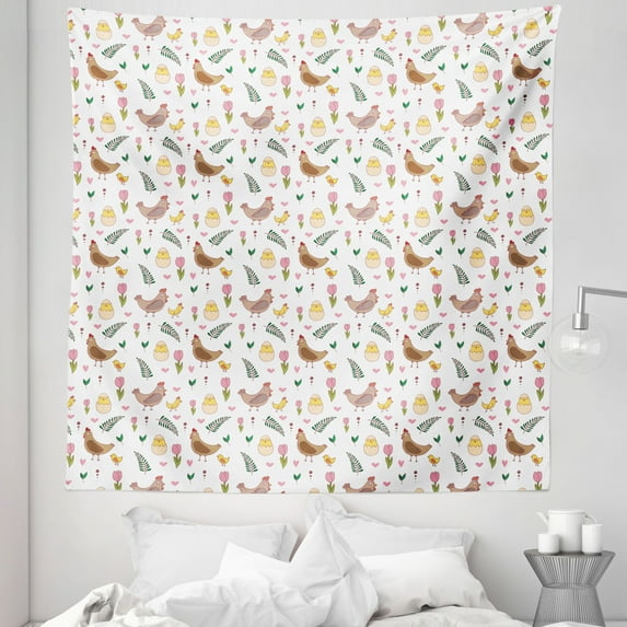 Animals Tapestry, Pattern Chickens Hatching Flowers and Heart Motifs Image Colorful Composition, Fabric Wall Hanging Decor for Bedroom Living Room Dorm, 5 Sizes, White Multicolor, by Ambesonne