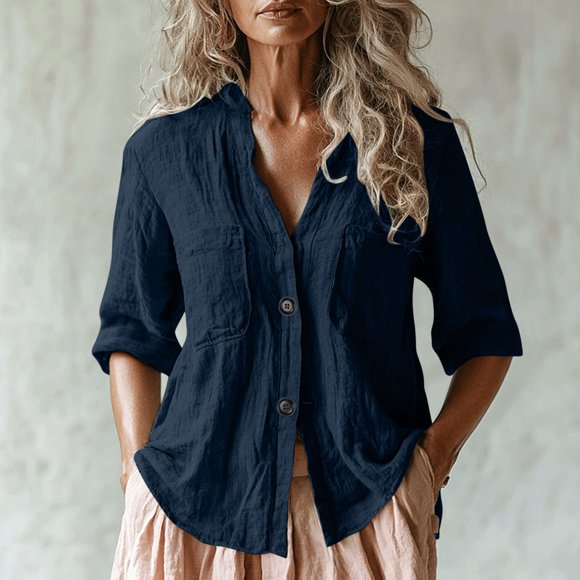 Tidyack,Hot Pick,Loose Women's Tunic Shirt, 3-4 Sleeve V-Neck Blouse, Imitation Linen Fabric, Summer Casual Wear, Daily Outfit, Button Down Top, Flowy Design, For Women | 100%Polyester, Navy