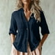 thumbnail image 2 of Vestidos Casuales Para Mujer, Blusas De Mujer De Moda Blusa tipo túnica de verano para mujer, con cuello en V, mangas 3/4 y botones sueltos de imitación de lino, 2 of 6
