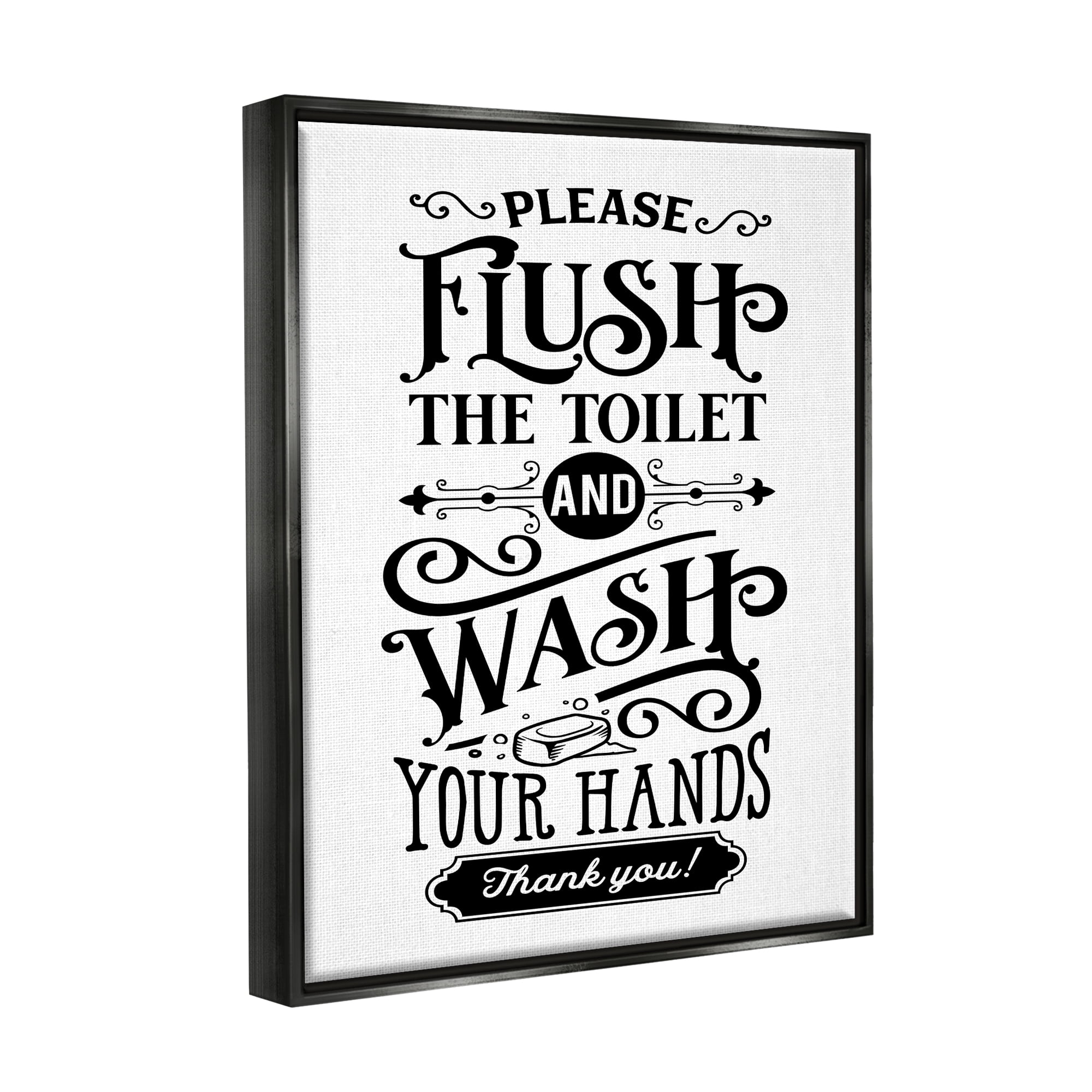 Stupell Industries Flush & Wash Hands Vintage Style Text Typography Graphic Art Jet Black Floating Framed Canvas Print Wall Art, Design by Lettered and Lined