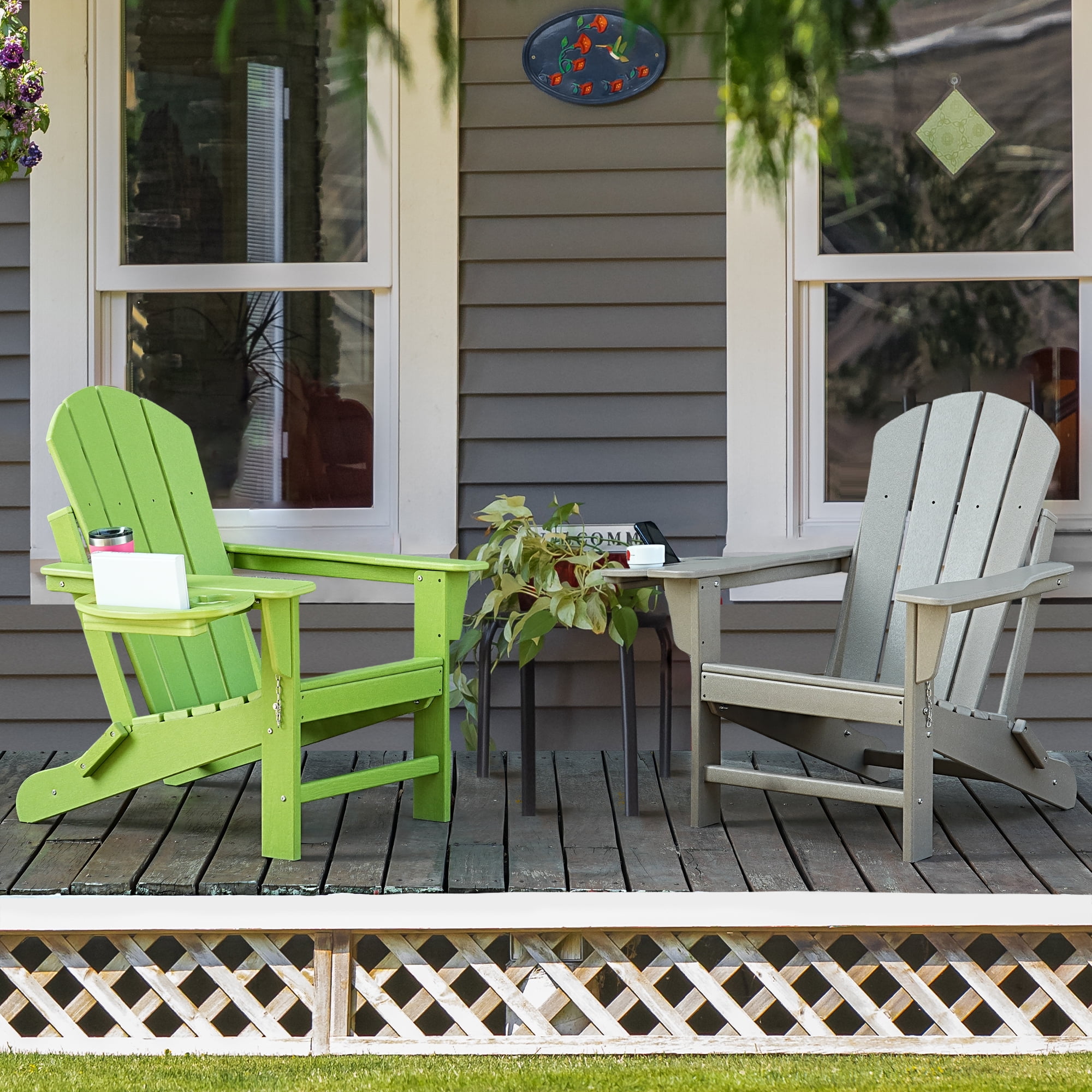 Folding HDPE Adirondack Chair with 4 in 1 Cup Holder Tray Plastic Adirondack Chairs Weather Resistant Lawn Outdoor Firepit Chairs, Light Green