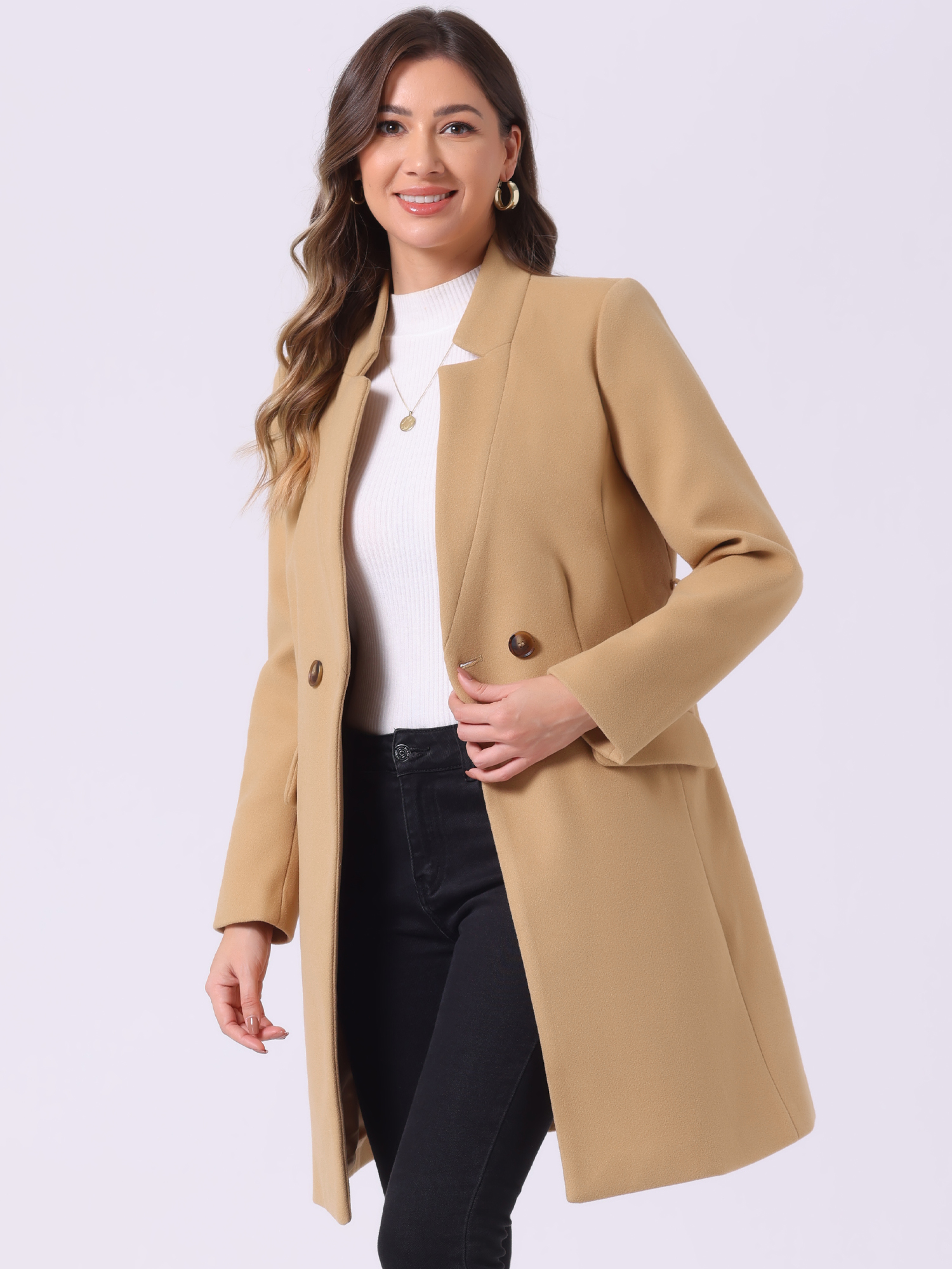 DARING DIVA Women's Vintage Belted Coat Stand Collar Winter Outwear Coats Khaki S