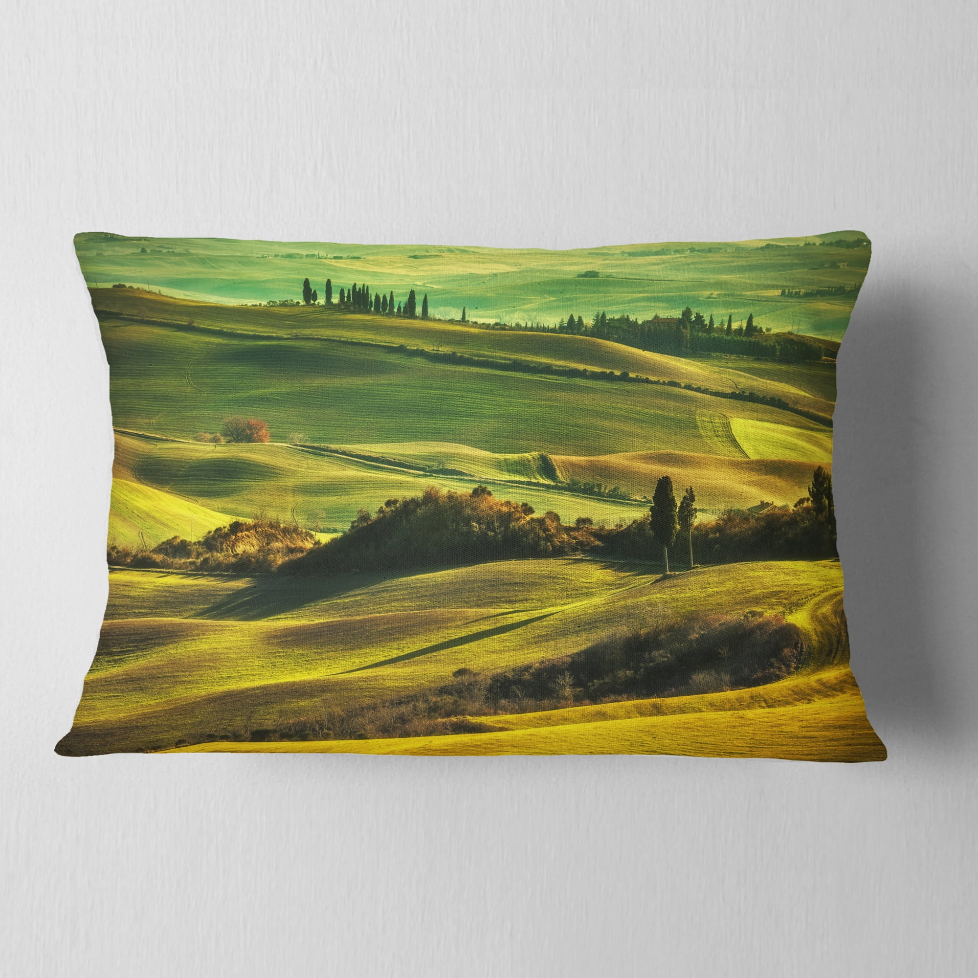 Designart Green Rolling Hills on Misty Sunset - Landscape Wall Throw Pillow - 12x20