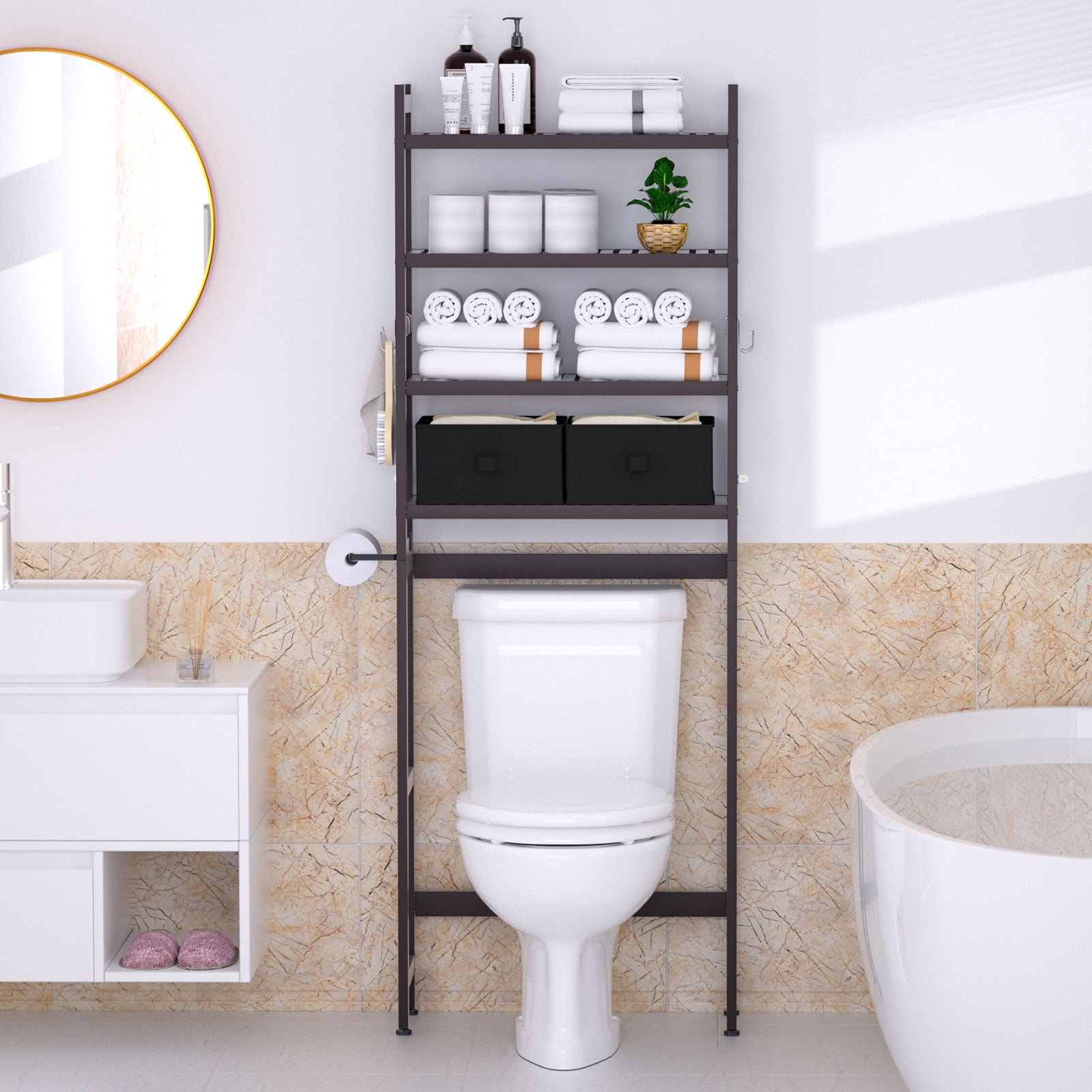 Enogets Over the Toilet Storage, Bamboo Bathroom Shelf Organizer with 2 Baskets & 4 Hooks, 4-Tier Space Saver