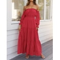 thumbnail image 3 of YOGAFOX Women's Boho Off Shoulder Long Sleeve Smocked Side Split Flowy A Line Maxi Dress S-XXL, 3 of 5