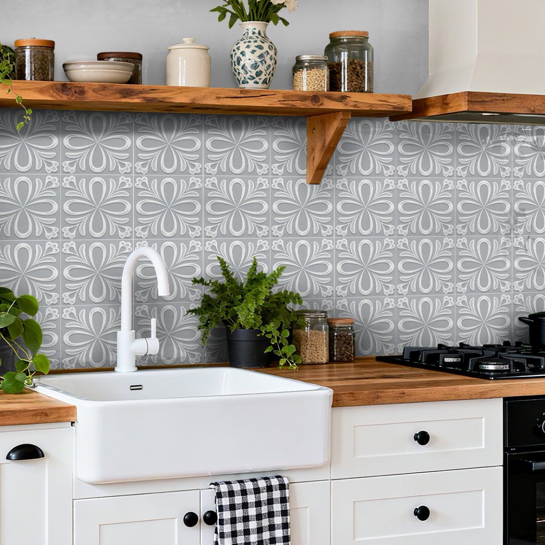 24Pcs Matte PVC Tile Sticker Waterproof Peel and Stick Backsplash 7.87" x 7.87" Gray White Flowers Wall Stickers Self Adhesive DIY Decor Decals