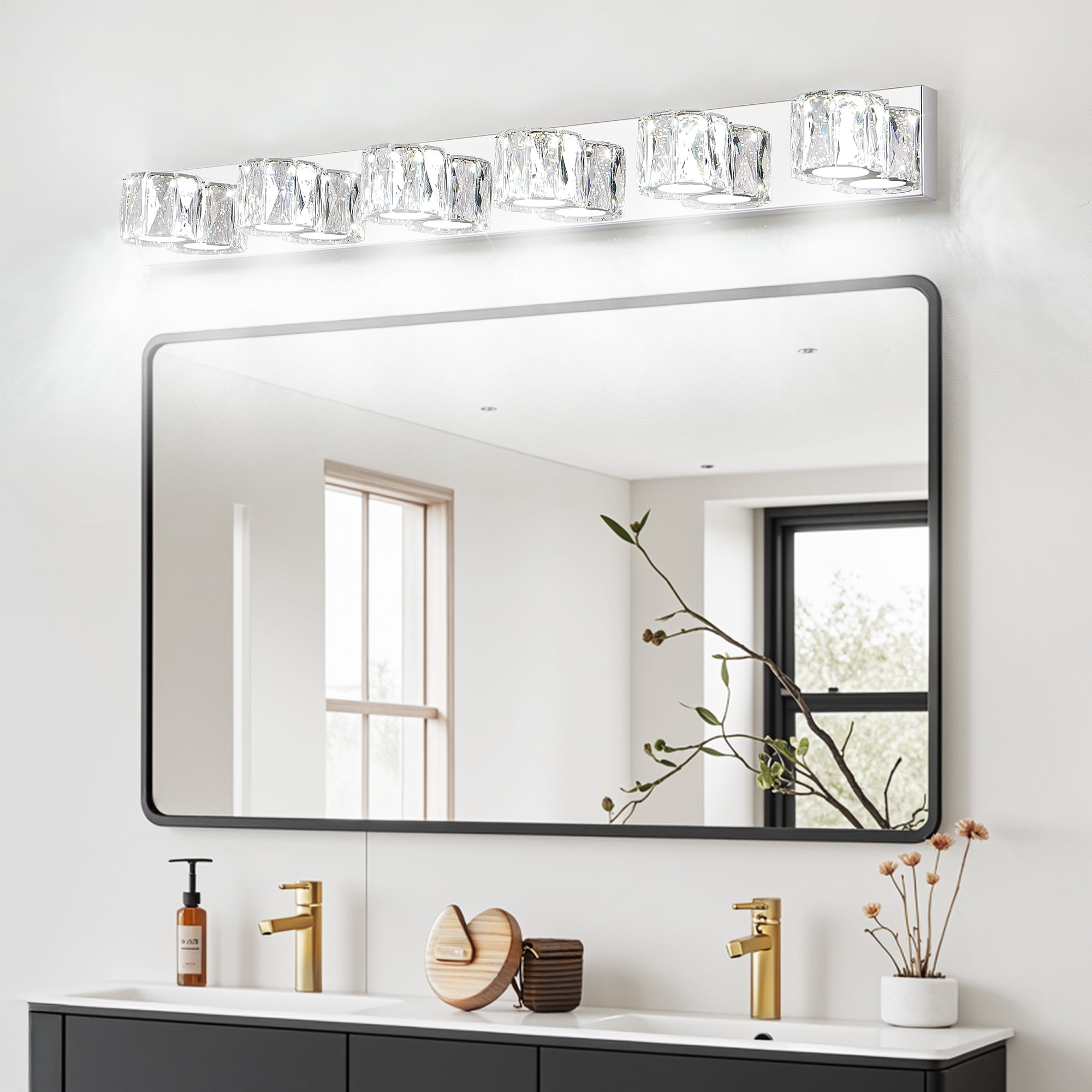 6 Lights Bathroom Crystal Modern Vanity Light 40.9in Vanity Lights for Bathroom - Dimmable LED Over Mirror Cool White Light Bath Light Fixtures Chrome