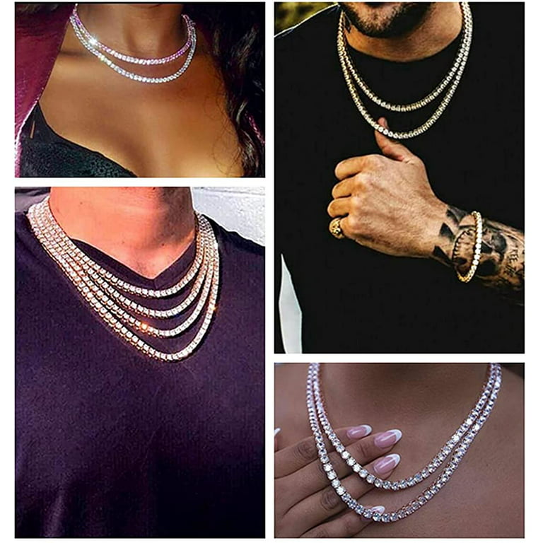HH Bling Empire Silver Gold Iced Out Diamond Tennis Chains for  Men,Rhinestone Tennis Necklaces for Women,Diamond chain necklaces (4mm  tennis-Silver-18) 