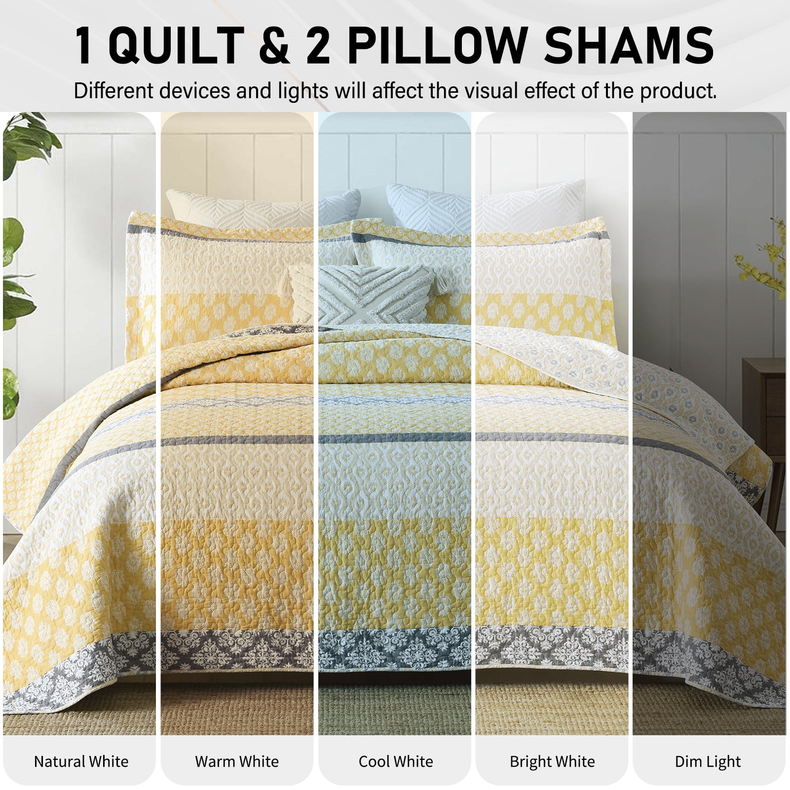 Bedduvit Quilt Bedspread for Queen Bed, 100% Cotton Gold Yellow Gray Floral Striped Reversible Quilts, Lightweight Farmhouse Summer Fall Printed Queen Quilt Comforter Set, 3-Piece 98"x90"