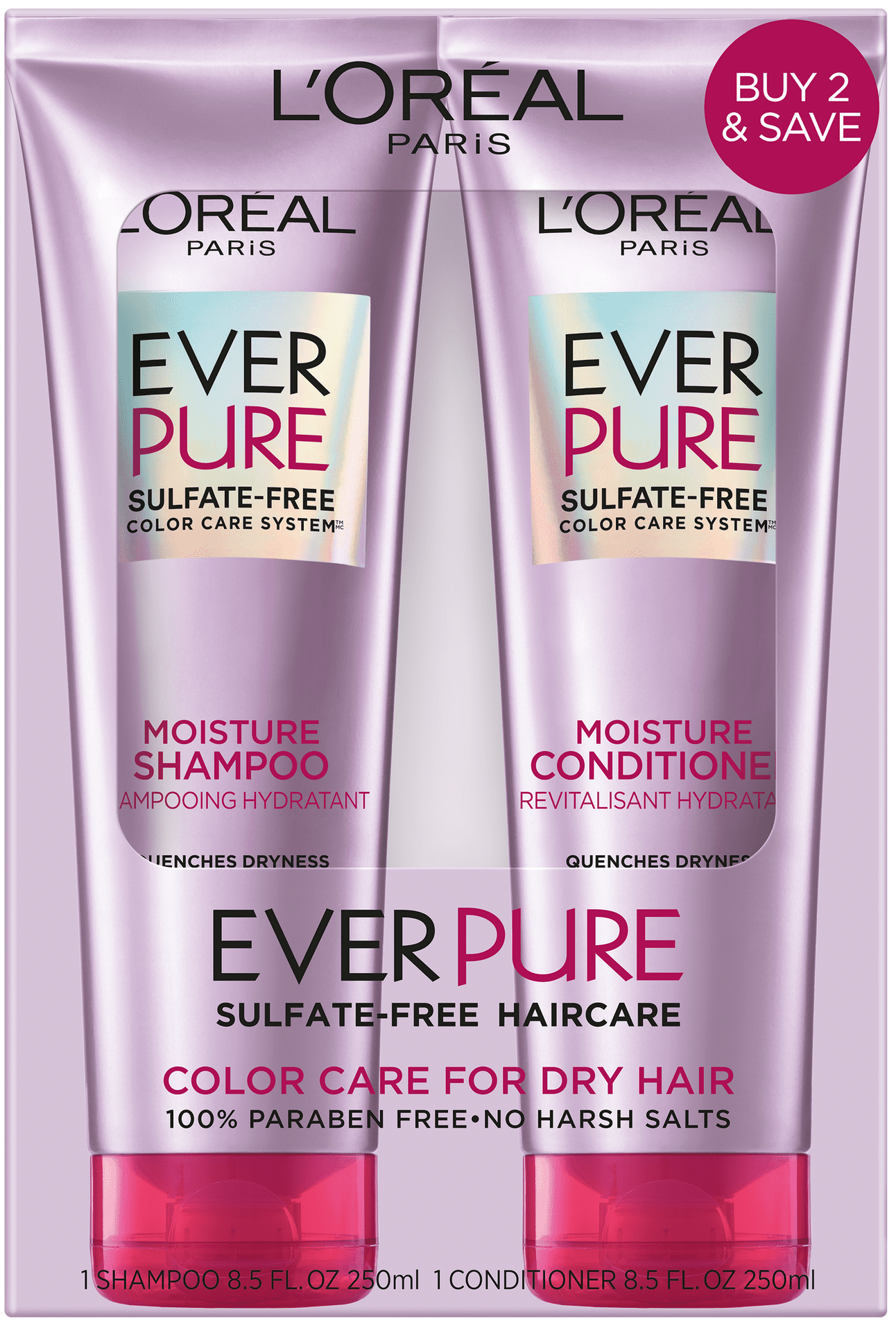 L'Oreal Paris EverPure Sulfate Free Moisture Shampoo, Conditioner, & Leave-in Color Caring Spray Set, 8.5 fl oz
