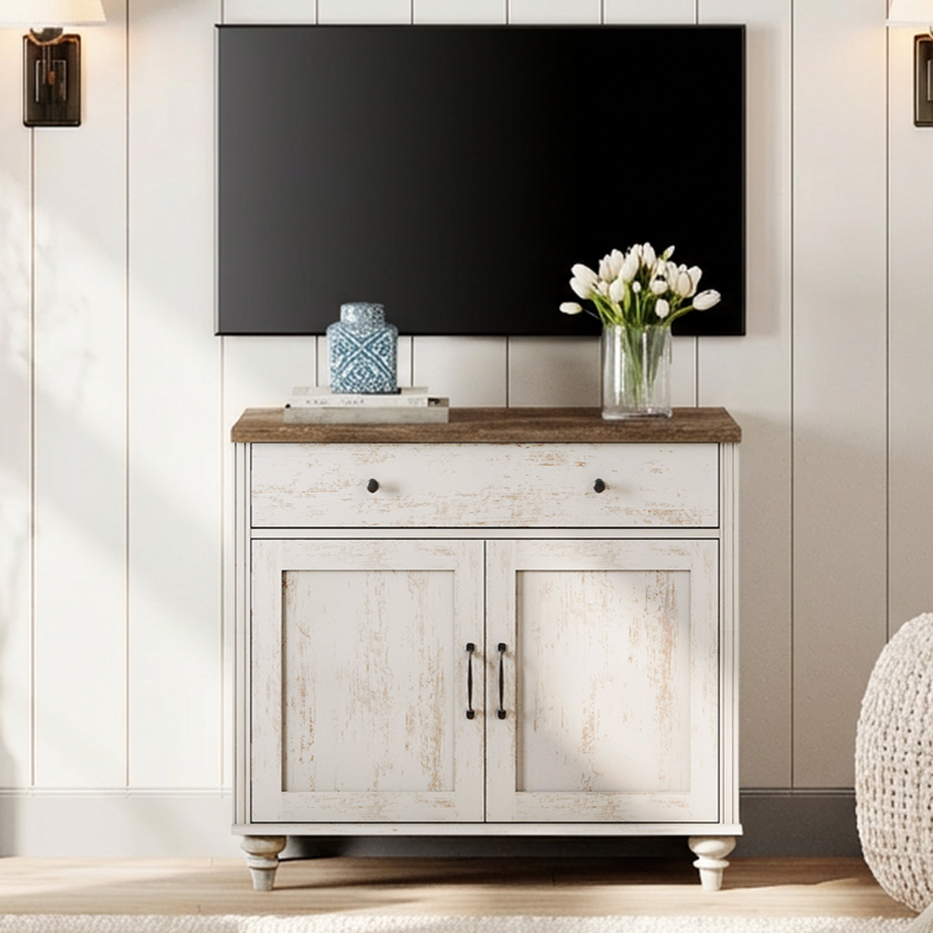 Rustic White Farmhouse TV Stand for 43 inch TV with Drawer & Doors