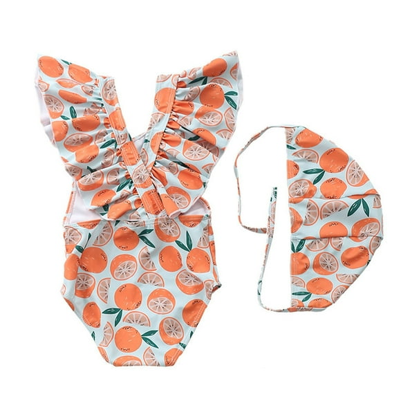 Sunnyoo Girls Orange Prints Ruffle One-Piece Swimsuit with Hat