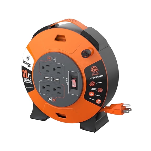 Hongyi Extension Cord Reel 32ft, 4 Outlet 2-USB Ports, 16AWG/3C, Orange