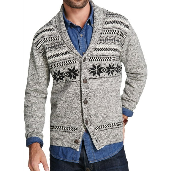 Weatherproof Mens Fair Isle Cardigan Sweater, Grey, Medium