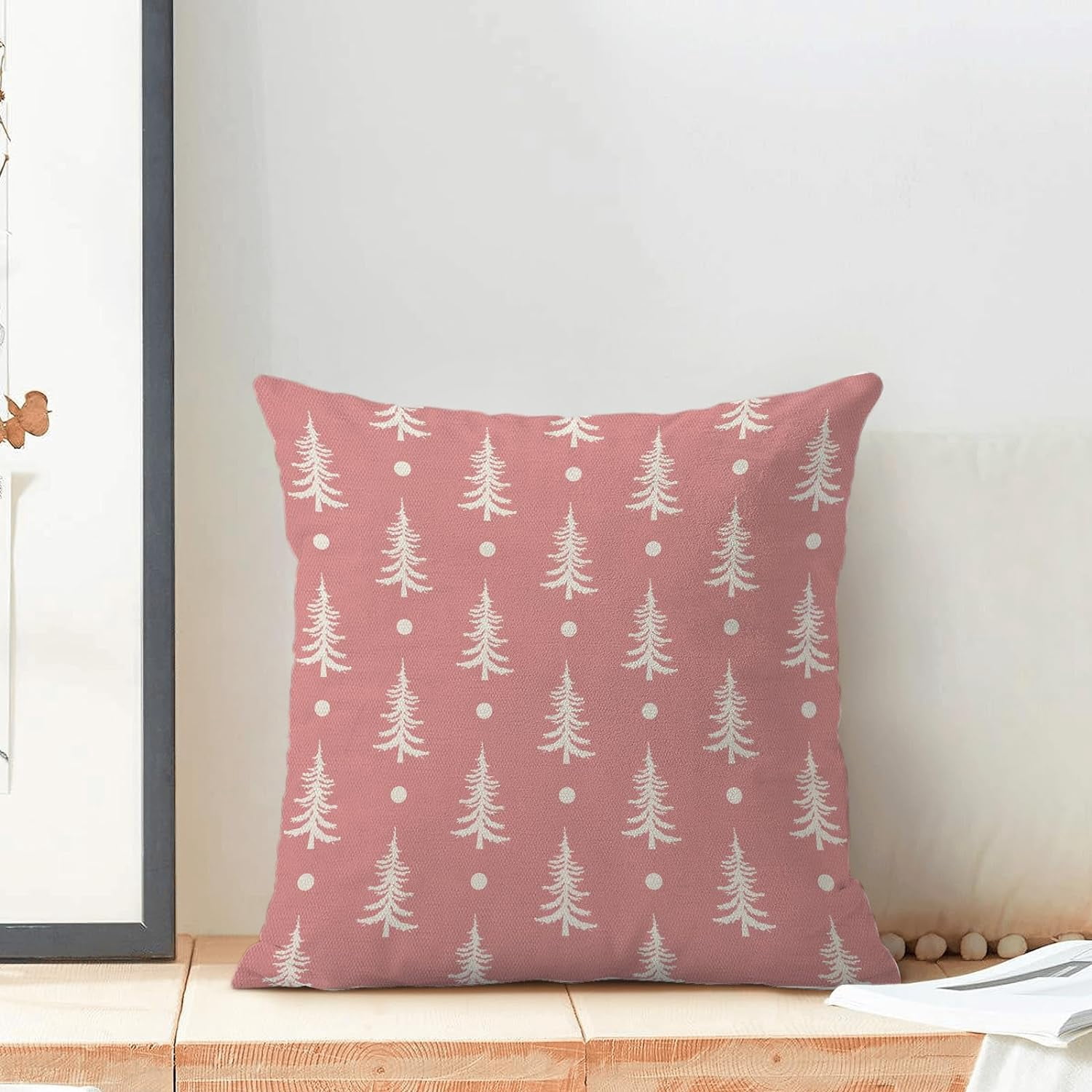 Christmas Pillow Covers 18x18 Set of 2, Christmas Tree Pink Throw Pillow Covers Linen Farmhouse Vintage Winter Christmas Decor Cushion Case Christmas Home Decor for Couch Sofa Indoor Outdoor