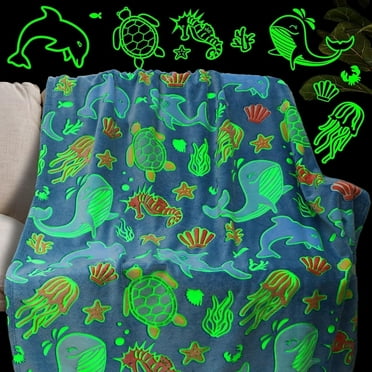 Glow in The Dark Throw Blanket，50" x 60"Dolphin Marine Life Luminous Plush Blankets Soft Glowing Throw Gift for Kids Girls Boys Teens Age 1-13 Years Old