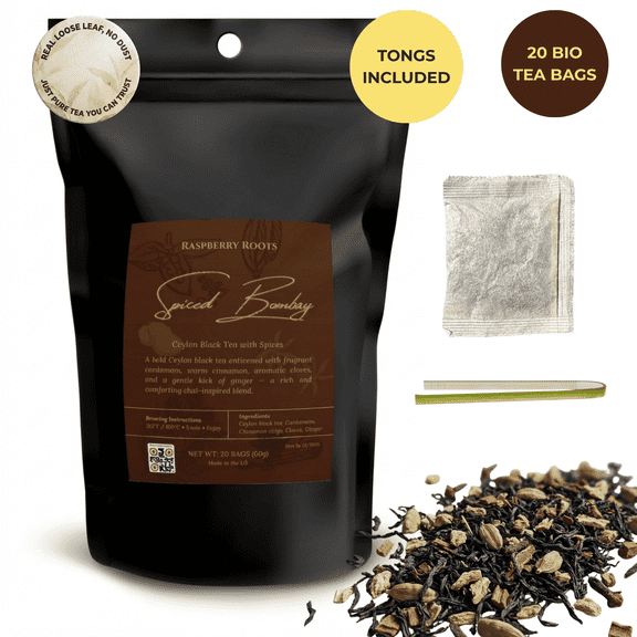 Raspberry Roots Loose Leaf Chai Ceylon Black Tea Spiced Bombay 20 Biodegradable Tea Bags with Bamboo Tongs