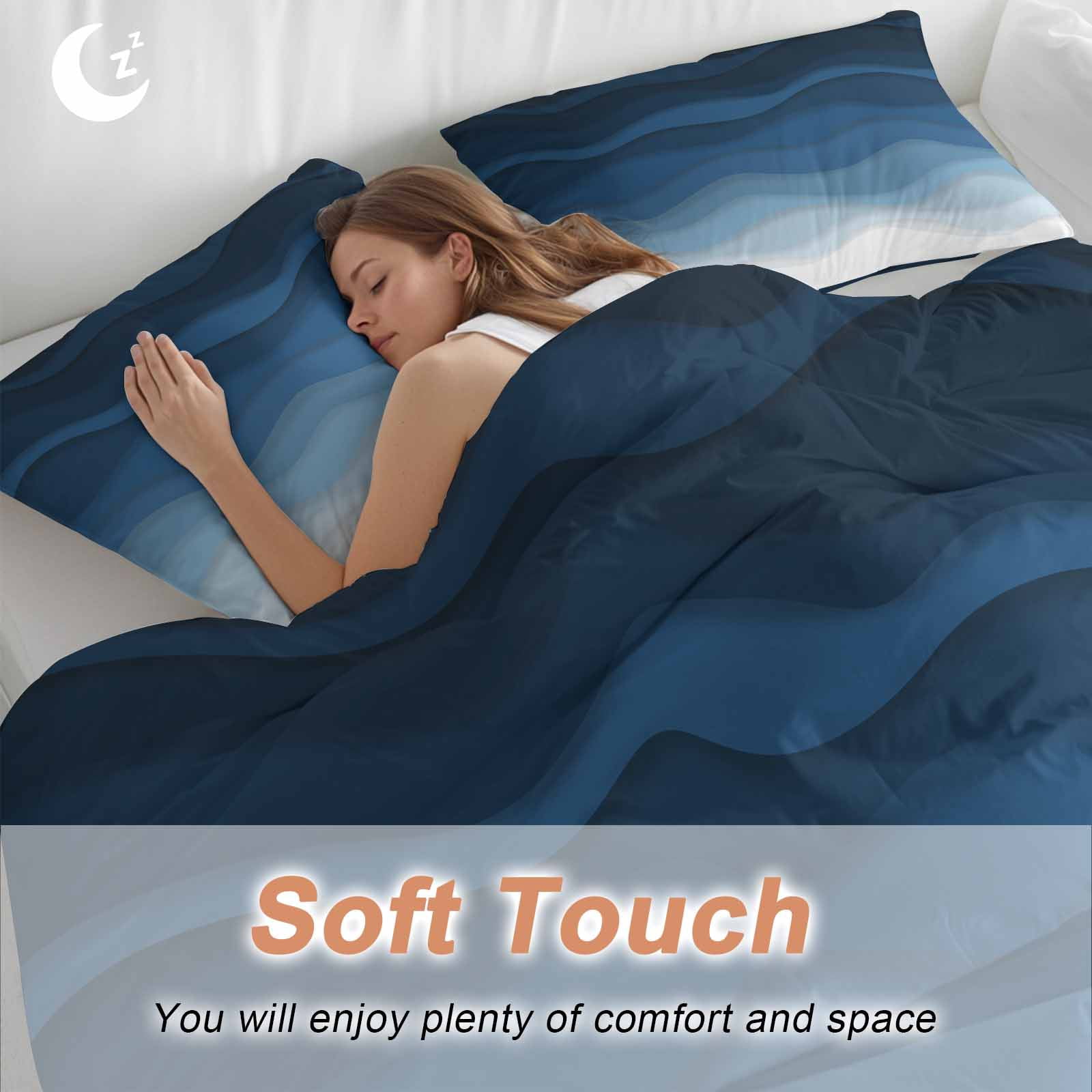 Navy Blue Ombre Bedding 3 Piece Duvet Cover Set Queen Size, Modern Moire Wave Gradient Soft Microfiber Comforter Cover with Zipper Closure & Pillowcases, Wrinkle & FadeResistant Quilt Cover