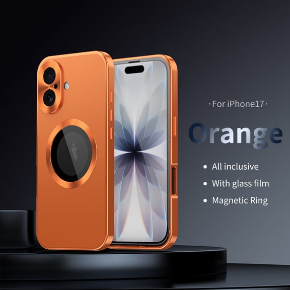 Case for iPhone 17, Compatible with Magsafe 360 Degree Full Body Protection Case Magnetic Attraction Metal Bumper Front Glass PC Back Cover for iPhone 17 - Orange