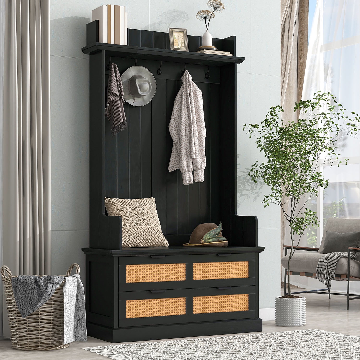 Kadyn Mudroom Hall Tree, Farmhouse Mudroom Hall Tree with 5 Metal Hooks and 2 Large Rattan Element Drawers, Accent Coat Tree with Storage Bench and Metal Drawer Handles, Espresso Kadyn Mudroom Hall Tree, Farmhouse Mudroom Hall Tree with 5 Metal Hooks and 2 Large Rattan Element Drawers, Accent Coat Tree with Storage Bench and Metal Drawer Handles, Espresso