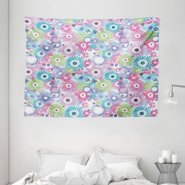 Floral Tapestry, Colorful Pastel Pattern with Flowers and Vintage Curls ...