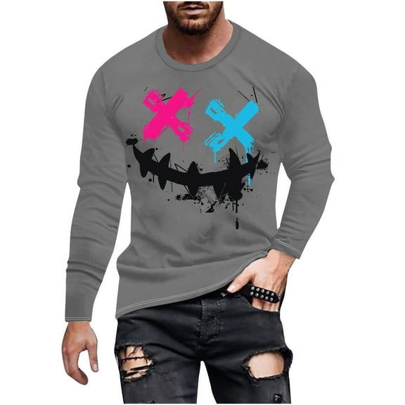 SnZhen Mens Shirts Fashionable Men's Printed Top With Long Sleeved Round Neck And Smiling Face Printed Top/shirt