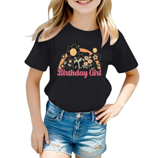 LUOGENLI T-Shirt pour Filles Mode Décontractée Lettre Col Rond Manches Courtes T-Shirt Haut 7 Maxi Tops Ensembles 2 Pcs Plage Noir 10-11 Ans