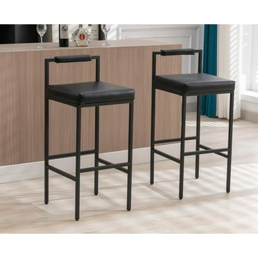 Black Modern Bar Stools Set of 2 PU Leather Bar Height Barstools Upholstered Square Tall Bar Chairs Industrial Counter Stool with Back/Metal Legs for Bar/Kitchen Island/Pub,30 Inch