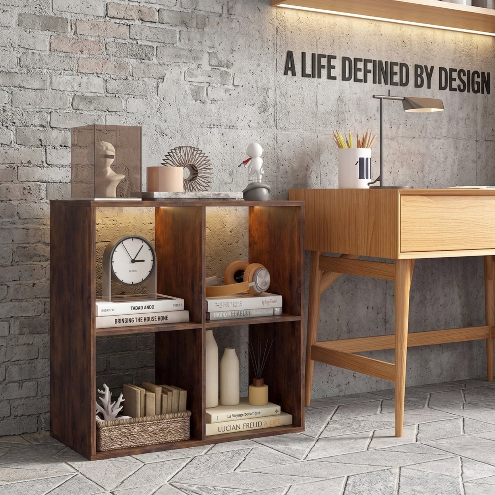 Furnibear 4-Cube Bookshelf with Back Guardrail Reinforced Crossbar and Anti-Tipping Kits for Living Room and Bedroom Books and Boxes, Coffee, Brown