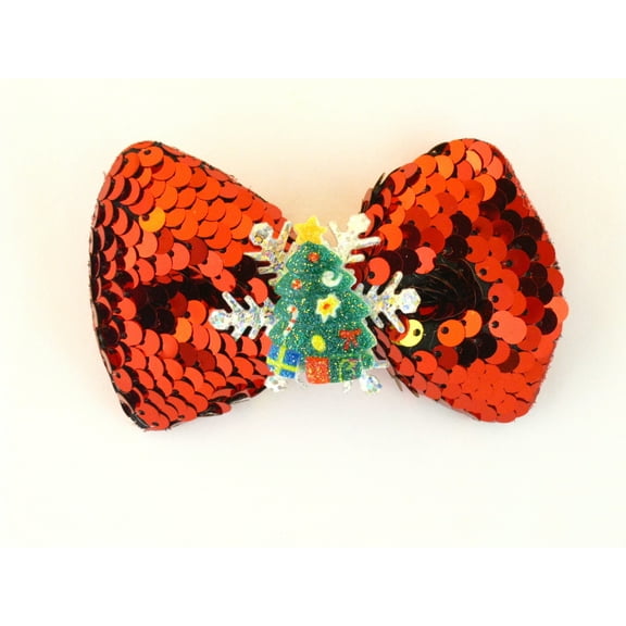 Pastel Christmas Red Sequin & Christmas Tree Hair Bow - 1 Pc.