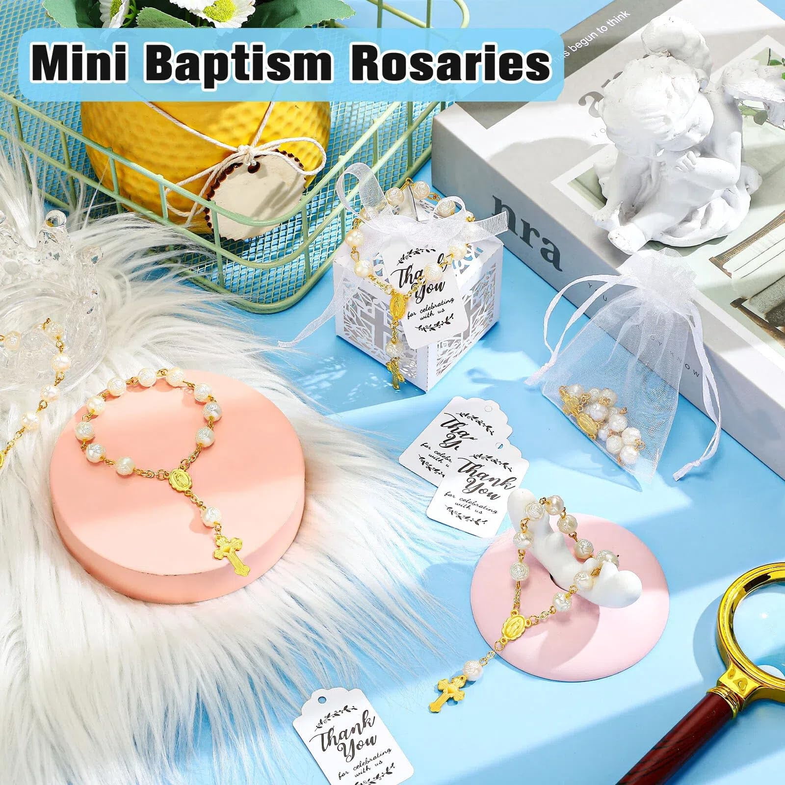 100 PCS Baptism Favors Set Includes Mini Rosary, Laser Cut Baptism Favor Boxes, Thank You Tags, White Organza Bags for Bautizo Recuerdos Christening Wedding Party Supplies