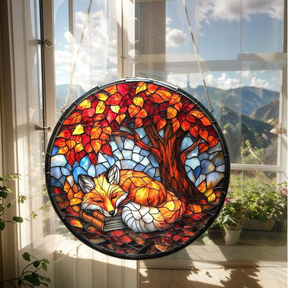 Sleeping Fox Faux Stained Glass Stained Glass Suncatcher, Faux Stained Glass Window Hanging, Autumn Tree Leaf Decor, Cozy Nature Gift For Mom