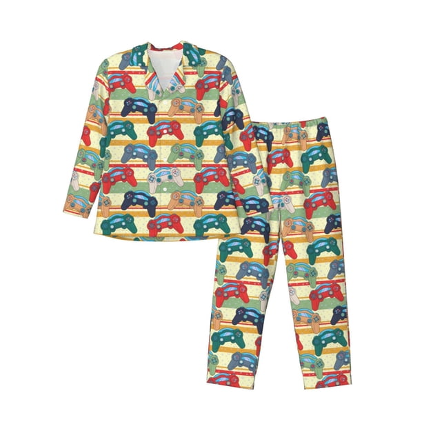 Balery Retro With Joysticks Pijama para Hombre de Dos Piezas con Manga Larga, Conjunto de Dormir y Descanso Suave con Bolsillos-Large