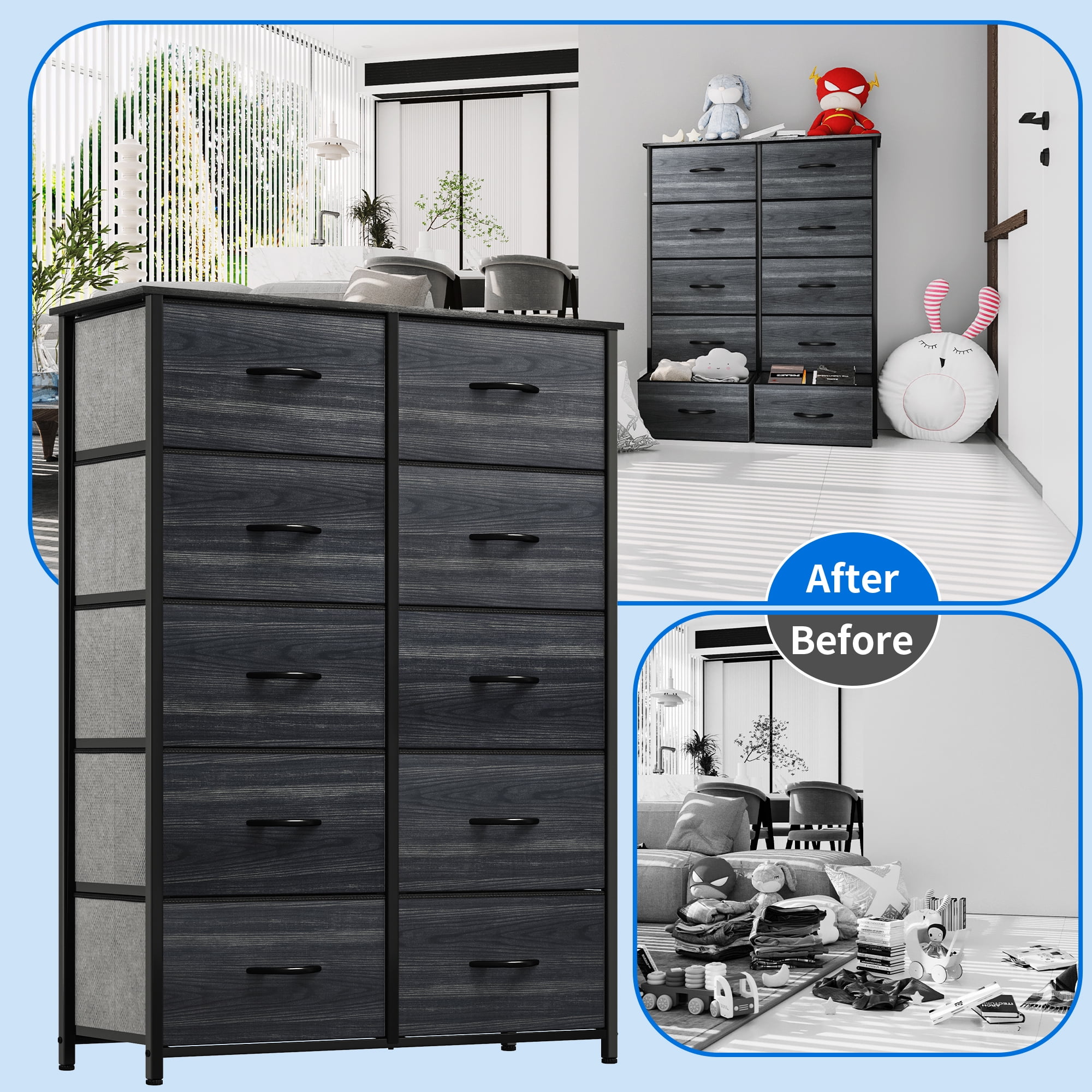 Uforic 10-Drawer Fabric Dresser, Storage Chest with Steel Frame & Wooden Top for Bedroom, Black