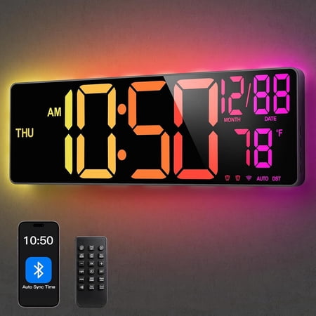 Klamerit 16Large Digital Wall Clock with Bluetooth Auto Sync Time, Led Large Display Clock with Remote Control,Dual Alarms,Auto DST,Countdown,Temp for Classroom,Living Room,Gym Home