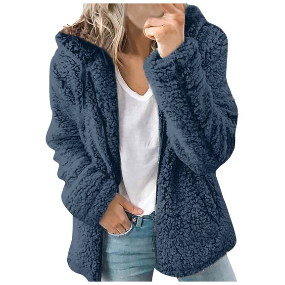 asdoklhq Clearance Coats Under $10.00 Plus Size, Women Casual Hooded Plush Warm Jackets Zipper Cardigan Tops Coat