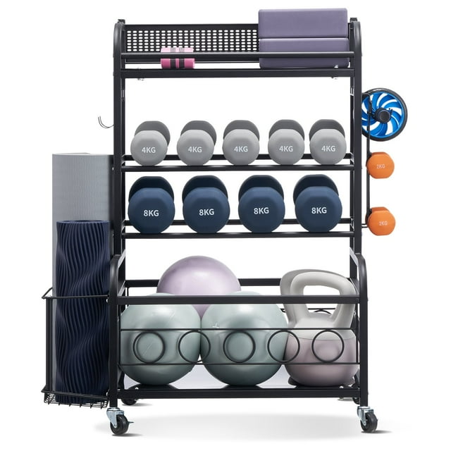 STAWAY Organisateur de Gym à Domicile - Tapis de Yoga & Support de Rangement pour Haltères, Robuste, Capacité de 200 lbs, Roues Verrouillables à 360°, Parfait pour Entraînement Physique & Matériel de Yoga